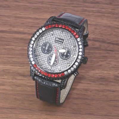  Geneva Platinum  Hip Hop Clubbing Black Leather Band New Clear & Red Crystals - Image 1 of 4