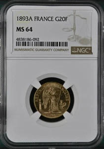 FRANCE , GOLD 20 FRANCS 1893 A - NGC MS 64 ,,, RARE - Picture 1 of 2