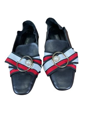 Zara Basic Black Leather Folded Loafer Mules striped pearl Madalion Bow 39 - Image 1 of 4