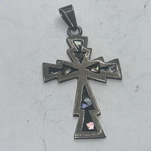 Colgante Cruz Plata Esterlina Vintage con Incrustación de Concha de Abulón de México 925 - Imagen 1 de 7