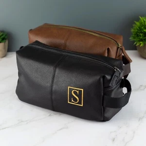 Personalisierte bestickte Herren Leder Kulturtasche mit Riemen schwarz oder braun - Bild 1 von 8