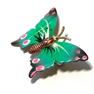 VINTAGE KOREA Green Enamel BUTTERFLY PIN Gold Tone Pink Black Spots 1.5" - Picture 1 of 5