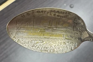 USS Maine Battleship Havanah Harbor Sterling Plate Spoon Vintage - Picture 1 of 5