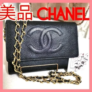CHANEL Coco Mark Compact Wallet Caviar Skin Leather Black w/Strap Authentic Used - Picture 1 of 7