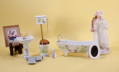 Porcelain Dollhouse Bathroom Set with Doll 9 pcs - Image 1 of 4