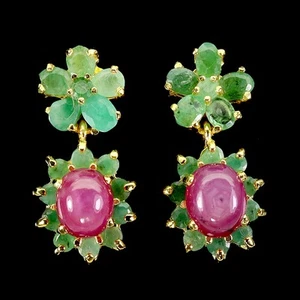 Summer 925 Silver Earrings Oval Ruby 8.5x7mm Emerald Natural Gemstone Jewelry - Picture 1 of 14