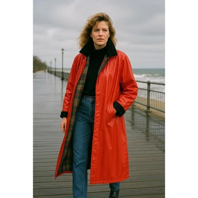 Vintage 90s Misty Harbor Red PVC Rain Slicker Coat Plaid Lined Long Jacket Sz L - Image 1 of 4