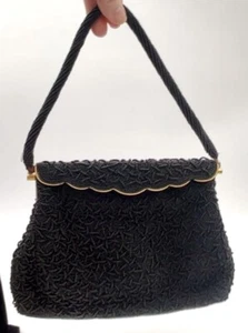 VTG  Bags by JOSEF Hand Beaded  Black Glass  Micro Bead  Hand Bag PURSE  SIGNED - Picture 1 of 12