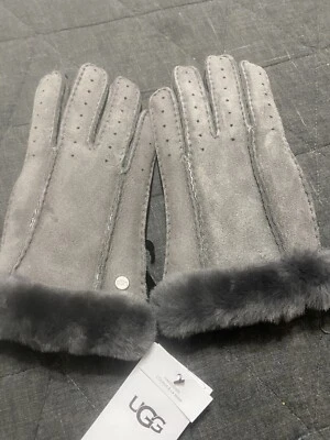全新带标签 UGG 澳大利亚女式穿孔剪羊毛手套。 灰色。 中号 — 第 1/4 张图片