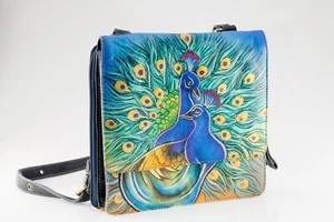 Sharif Leather Handpainted Shoulder Tote Messenger Bag Peacocks - Picture 1 of 8