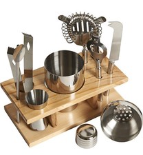 10 Piece Cocktail Maker Stainless Steel Bar Set with Wooden Display Stand+Recipe