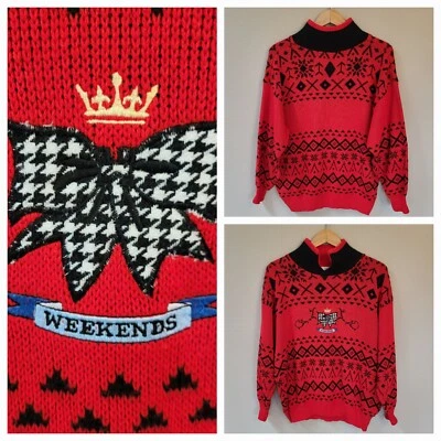 Suéter túnica vintage años 80 90 pequeño (se adapta a más grande) rojo negro geométrico fines de semana divertido Foto 1 de 4