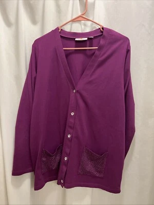 Quacker Factory Womens Cardigan Rhinestone Buttons Sequin Pockets Purple Medium - Image 1 of 4
