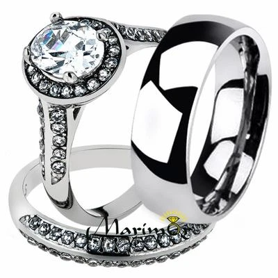 Conjunto nupcial His & Hers de acero inoxidable para mujer con halo y alianza de boda clásica para hombre Foto 1 de 4