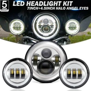 Motorcycle 7" LED Headlight 4.5" Passing Lamps Angle eyes For Harley Road King - Picture 1 of 11