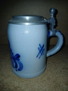 Keramik Bierkrug mit Zinndeckel Salzglasur Handarbeit Krug Grau/Blau - Picture 1 of 4