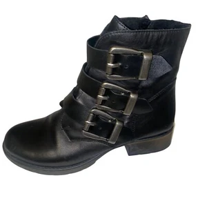 Rieker Black Leather Biker Buckle Boots Ankle Size 5 38 Womens Warm Lined Chunky - Picture 1 of 12