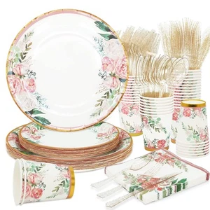 Floral Party Supplies - Bridal Shower Paper Plates & Napkins Set for 24 Guest... - Picture 1 of 8