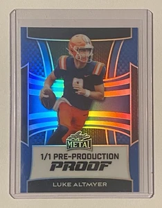 2025 LUKE ALTMYER 1/1 LEAF METAL FOOTBALL PRISMATIC BLUE PRE PRODUCTION PROOF - Picture 1 of 2