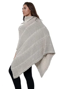 Damen Poncho mit Zopfmuster 3 Knöpfe Wickel Cape Schal Pullover Winter warm - Bild 1 von 12