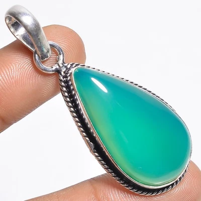 Colgante de plata estilo vintage de piedras preciosas de calcedonia verde natural 2,1" regalo PW187 Foto 1 de 4