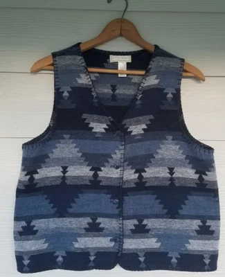 Vintage Southwestern Geometric Knit Vest Button Front Blue 90s USA Size Large - Image 1 of 4