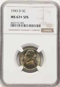 1943 D Jefferson Nickel NGC MS67+ 5FS (5 Full Steps) Lightly Toned - Picture 1 of 4