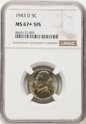 1943 D Jefferson Nickel NGC MS67+ 5FS (5 Full Steps) Lightly Toned - Image 1 of 4
