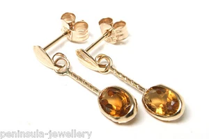 9ct Gold Citrine Earrings Drop Oval Made in UK Gift Boxed Birthday Gift - Picture 1 of 4