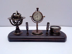 Antique brass table top clock with pen holder compass armillary - Picture 1 of 9