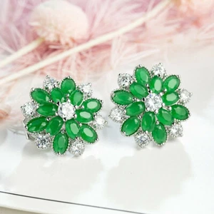 Flower Jewelry Green Jade White Fire Topaz Gems Silver Clip On Stud Earrings - Picture 1 of 6