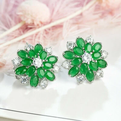 Joyería de flores verde jade blanco topacio fuego gemas plata clip en pendientes Foto 1 de 4