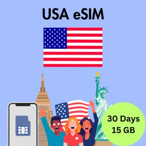 USA Prepaid Travel eSIM Card 15GB Data 5G & 4G Lte 30 Days - Zdjęcie 1 z 2