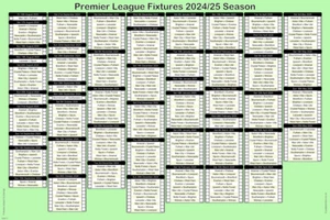 Temporada 2024/25 Premier League Fixtures Wall Chart Planificador se envía doblado o enrollado - Imagen 1 de 1
