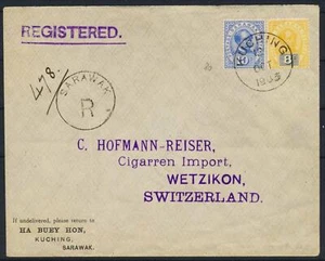 SARAWAK Malaya nach SCHWEIZ 1903 Rajah Brooke auf Reg Cover KUCHING to Wetzikon - Bild 1 von 2