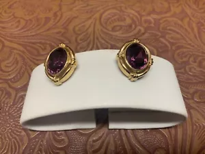 Vintage 1983 Avon Allegro Stone Simulated Amethyst Oval Rhinestone Clip Earrings - Picture 1 of 3