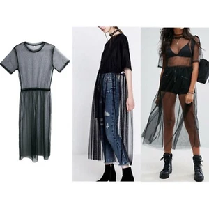 BLACK SHEER DRESS Tulle Dress Mesh Midi Dress Overall Sheer T-shirt Long Top - Picture 1 of 11