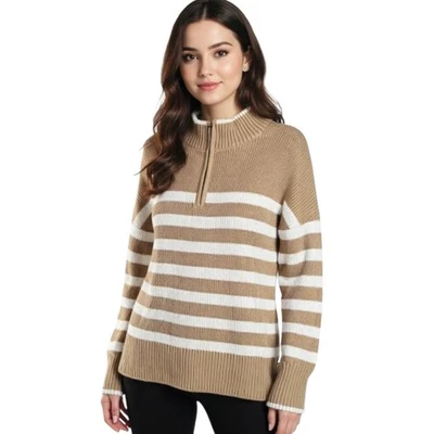 Suéter tejido Lands' End para mujer talla XL tostado crema rayas algodón 1/4 cremallera pulóver Foto 1 de 4