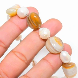 Crazy Lace Agate, Pearl Gemstone Handmade 925 Sterling Silver Bracelet 7-8" B990 - Picture 1 of 4