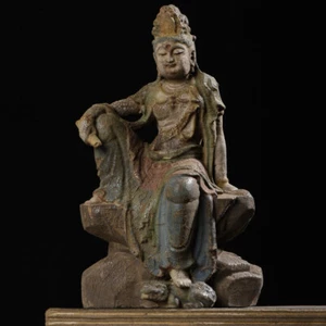 Chinesische antike alte Holzschnitzerei Kwan-yin Statue bemalt Skulptur Buddha Statue - Bild 1 von 6