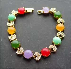 Genuine Multicolor Jade Cabochon Imitation Diamond Flower 18KGP Bangle Bracelet - Picture 1 of 8