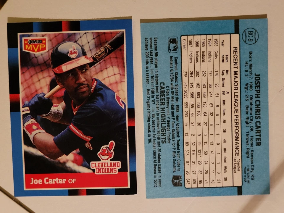 1988 Donruss Bonus MVP's #BC-9 JOE CARTER Cleveland Indians - Image 1 of 1