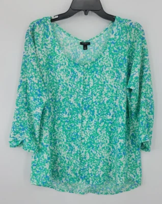 Ann Taylor Top Womens Medium Green Blue Watercolor Artsy Chiffon Popover Blouse - Image 1 of 4