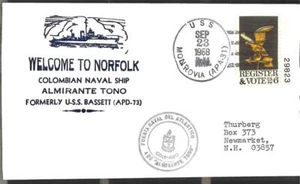 ALMIRANTE TONO (AT-04) Colombian Ship Welcome to Norfolk Nicholson Cachet - Picture 1 of 1