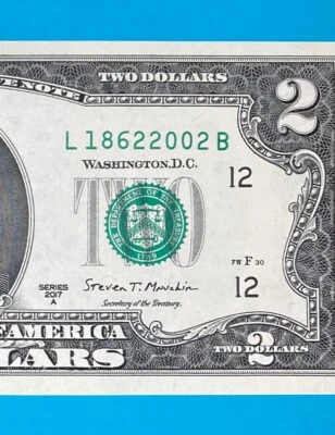 L 1862 2002 B : TRAILING YEAR 2002 $2 Two Dollar Bill Serial Number *UNC* - Image 1 of 3