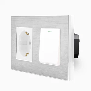 Wippschalter Lichtschalter + Steckdose Schuko Aluminiumrahmen Alu 2Fach Silber - Bild 1 von 9