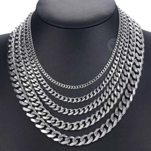 3/5/7/9/11MM Mens Chain Stainless Steel Silver Curb Cuban Necklace Choker 16-36" - Picture 1 of 17