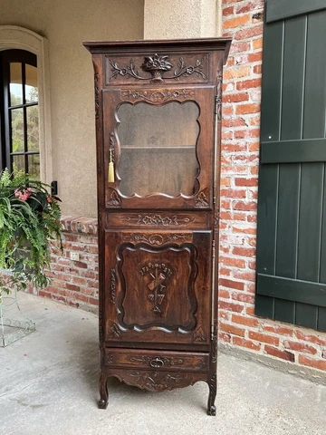 Antique French Glass Vitrine Display Cabinet Carved Oak Louis XV Music Motif Cover