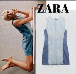 ZARA NWT SS24 PATCHWORK Z1975 Blue DENIM MINI DRESS 5862/085 Raw Neck & Hem Sz S - Picture 1 of 10