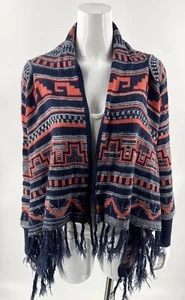Belle Du Jour Cardigan Sweater Size Large Coral Blue Open Front Fringe Aztec - Picture 1 of 5